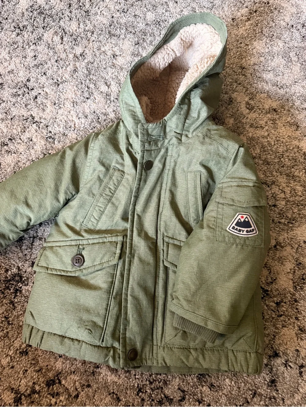 GAP Olive Green Hooded Sherpa-Trim Puffer Jacket